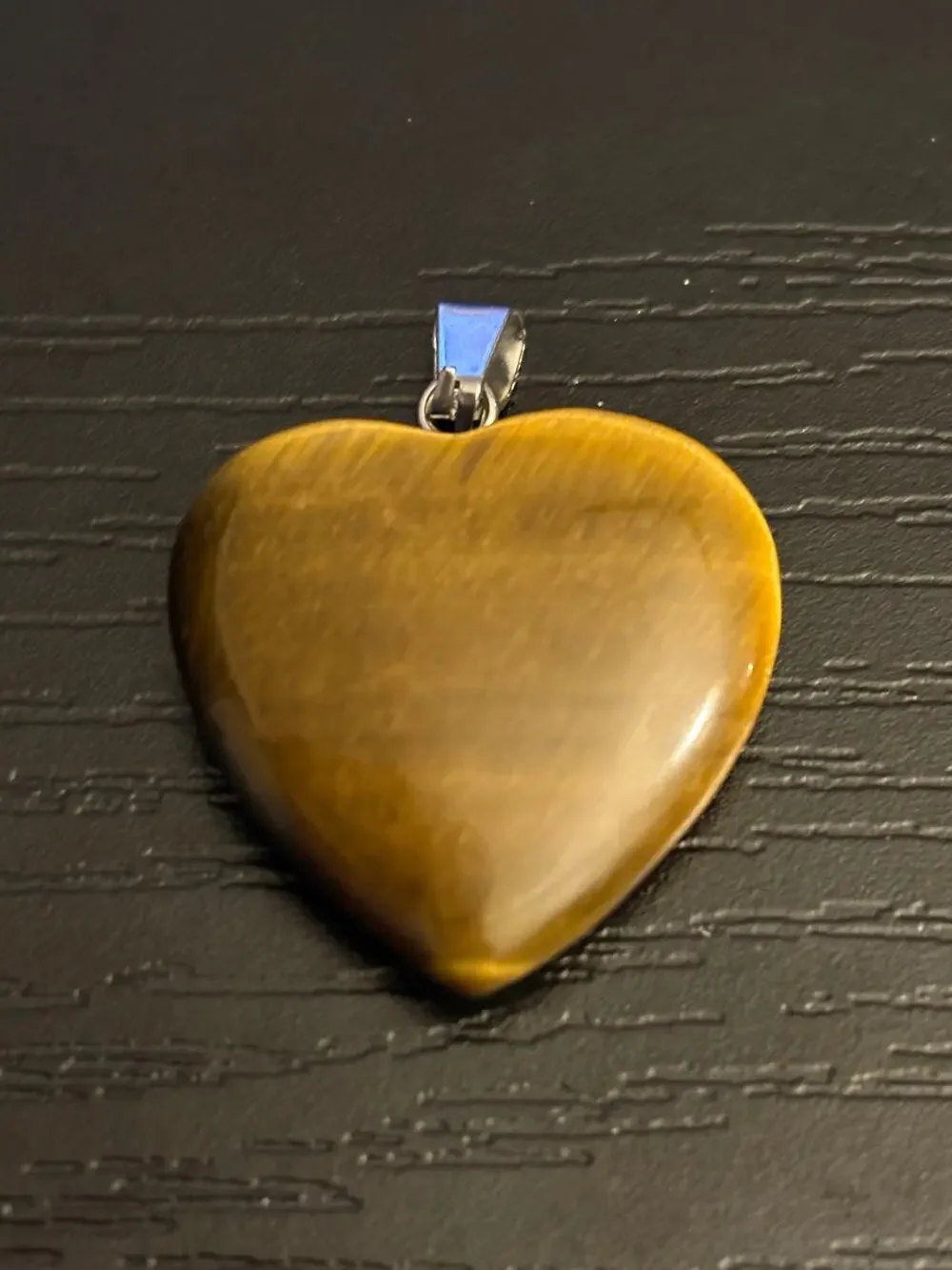 Vintage NOS Tiger’s Eye Heart Pendant Silver Tone